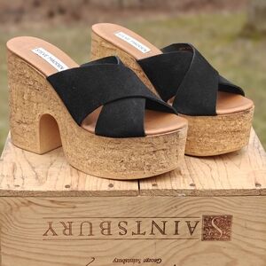 Steve Madden "SAFFRON" Black Suede Cork Platform Mules